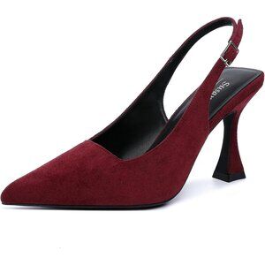 Women's Burgundy -Suede Chunky Closed Pointy Toe Elegant Stylish Buckle Heel